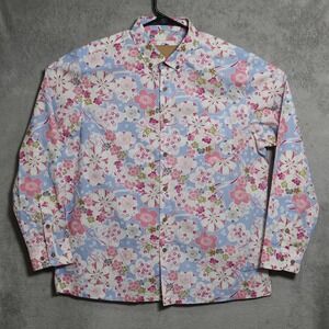 Oromen Shirt Mens Large White Pink Floral Long Sleeve Button Up Hawaiian Casual